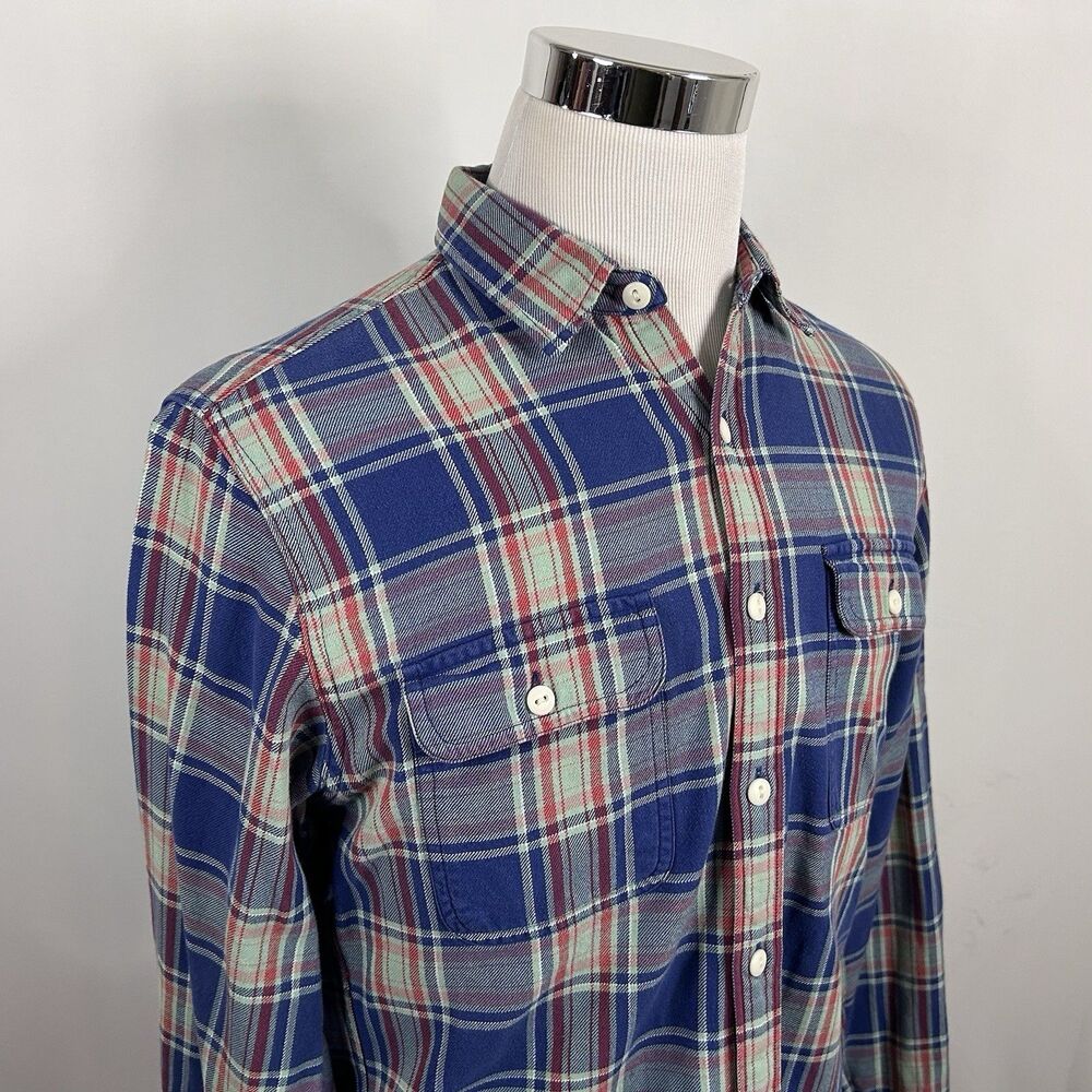 J‎ Crew Medium Sporting Goods Flannel Shirt Blue Red Green Plaid 100% Cotton